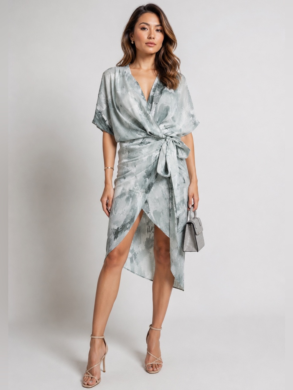 ASOS Wrap Midi Dress Size 4  Watercolor Tie Waist Cocktail Wedding Guest Dress